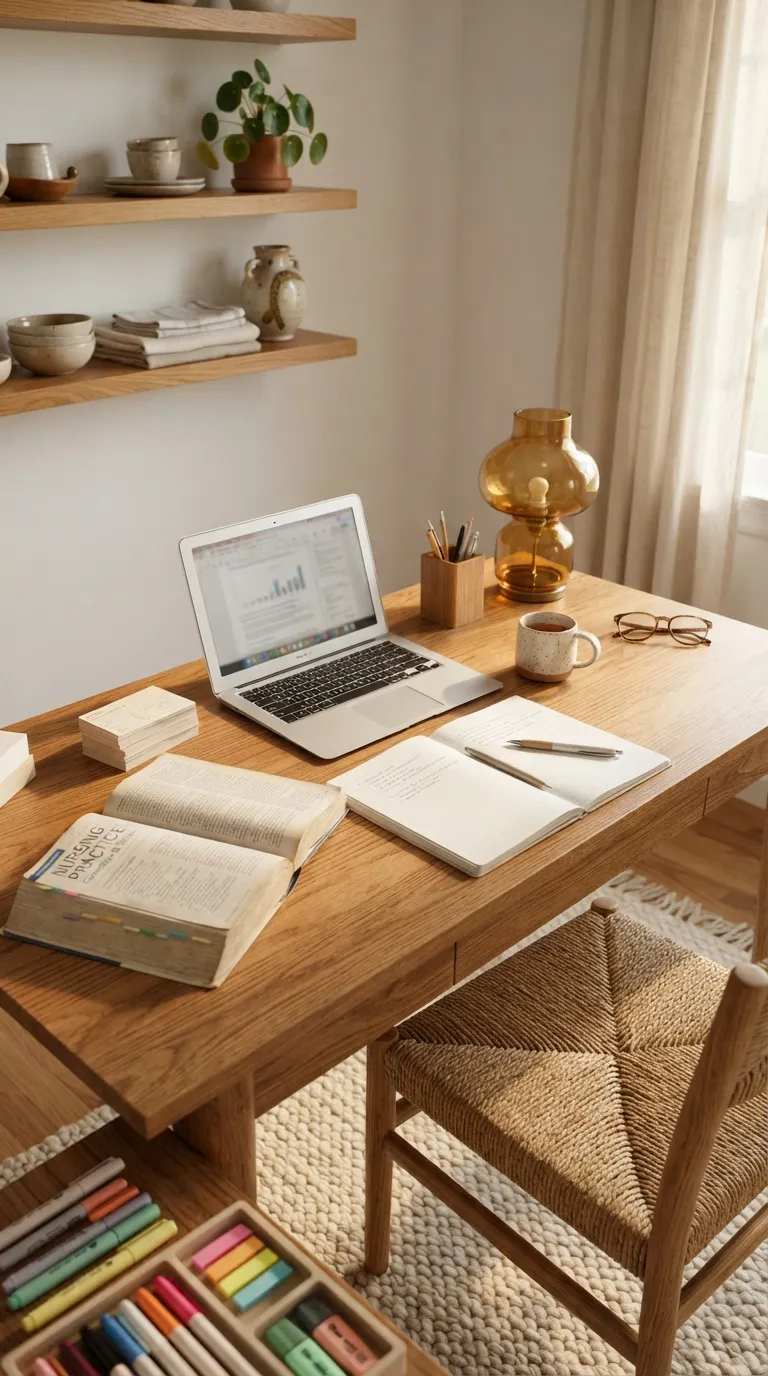 Nursing Study Aesthetic Warm Wood Study Station